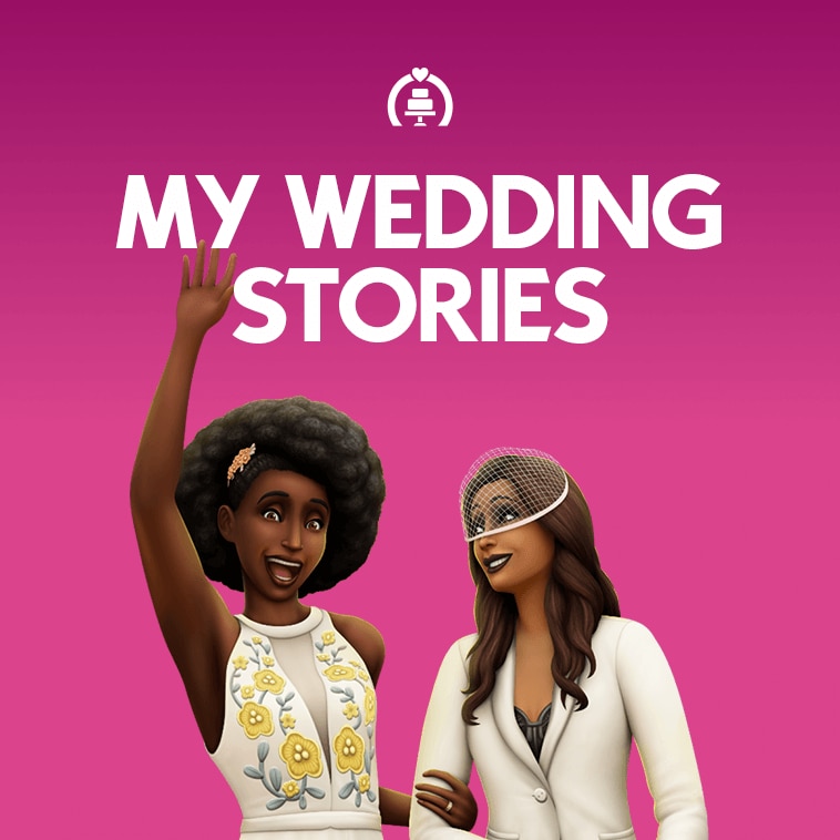 Text that says My Wedding Stories over two Sims wearing white. One is in a veil.