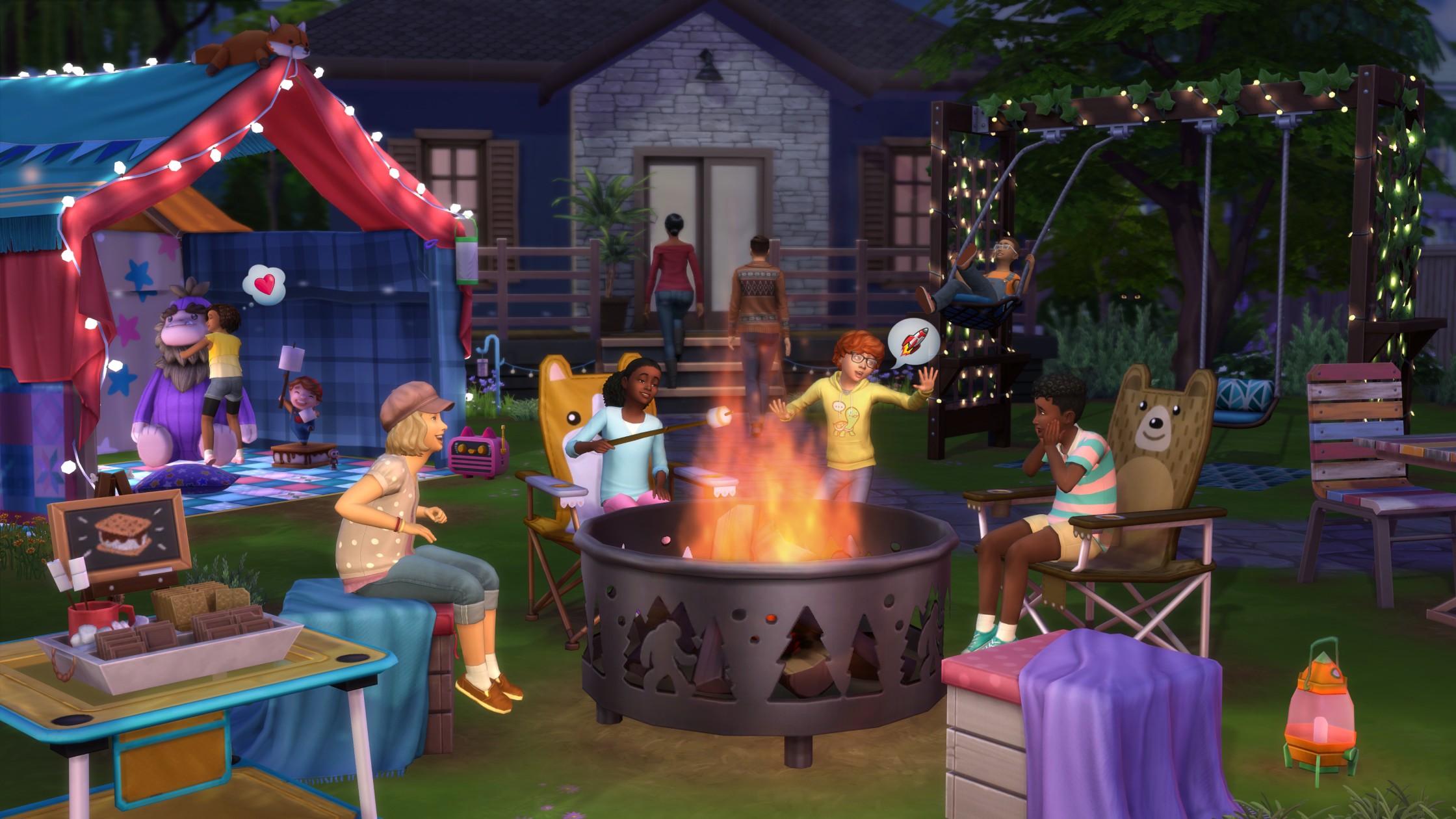 A back yard at night. Child Sims talk and roast marshmallows around a fire.