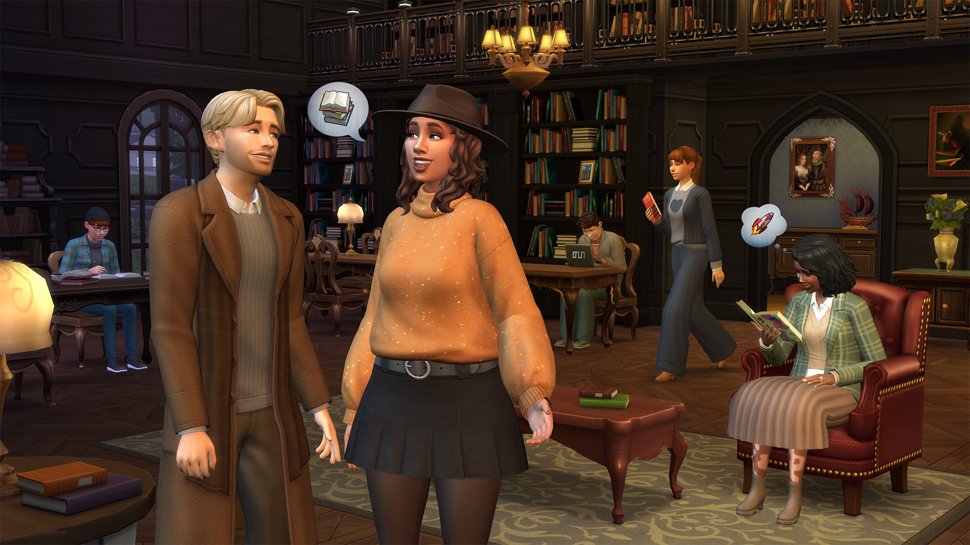Sims gathering in a library showing off layered garments and comfy sweaters from The Sims 4 Autumn Apparel Kit