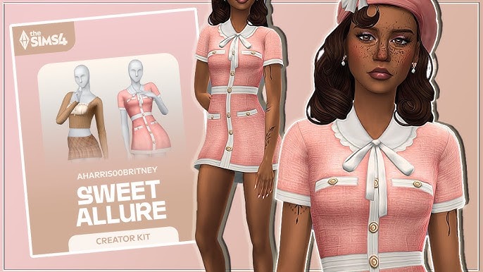 The image features a fashionably dressed female character in a pastel pink coquette-inspired outfit with white accents, alongside promotional art for the Sweet Allure Kit from The Sims 4, showcasing additional clothing options and access...