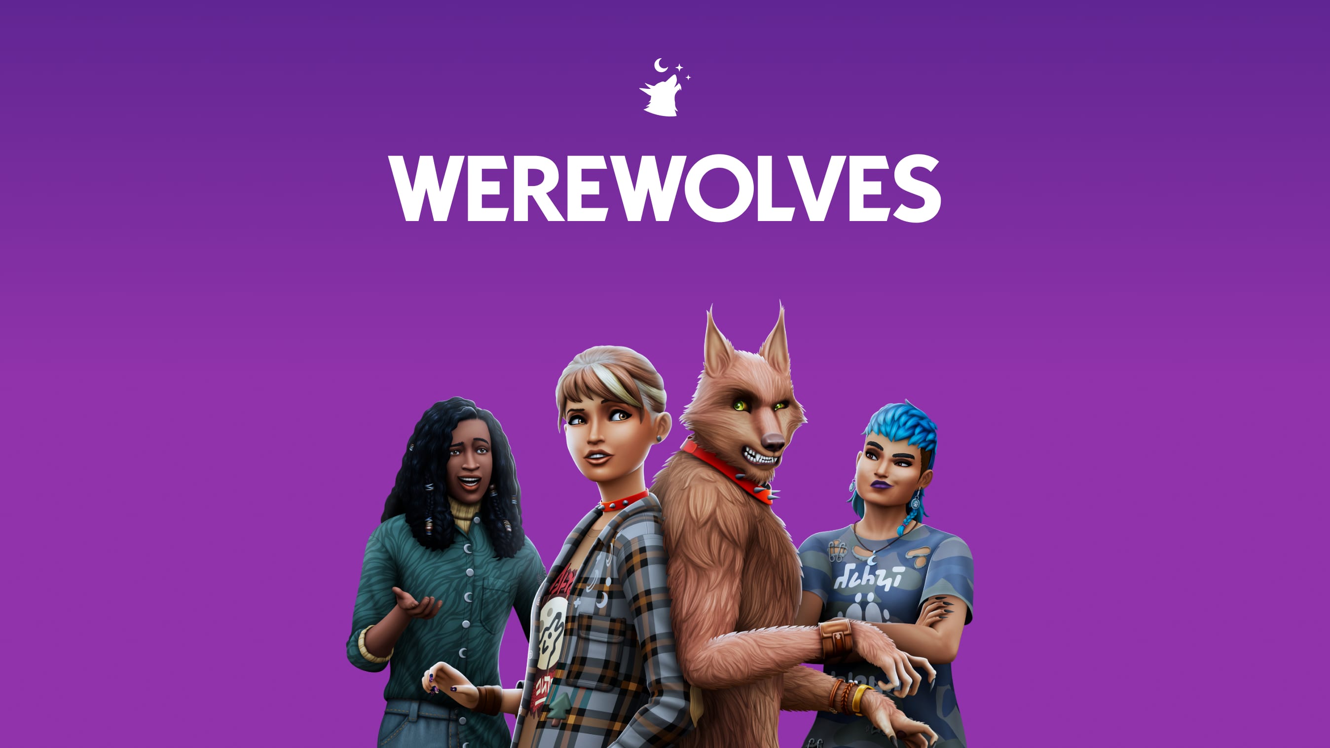 Text that says Werewolves over a Sim in a choker back-to-back with a werewolf in the same choker.