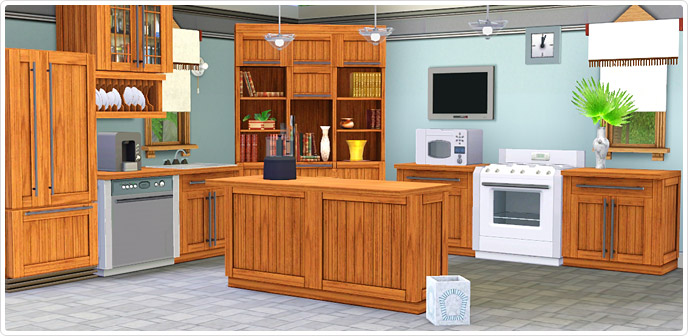 A spacious kitchen featuring wooden cabinetry and an island, with various appliances including a microwave, dishwasher, and oven, decorated with potted plants and a wall-mounted TV.