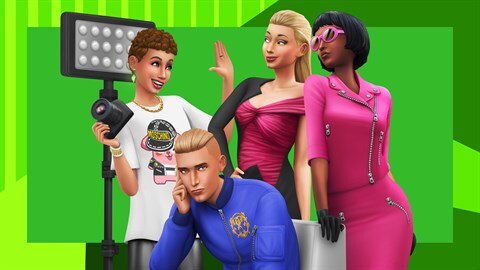 A photographer talks to three Sims in bold, bright outfits.