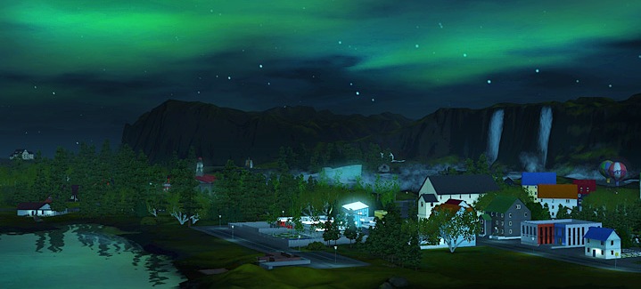 A vibrant display of the Northern Lights illuminates the night sky above the Aurora Skies world, highlighting a peaceful town with water, trees, houses, and waterfalls in the background.