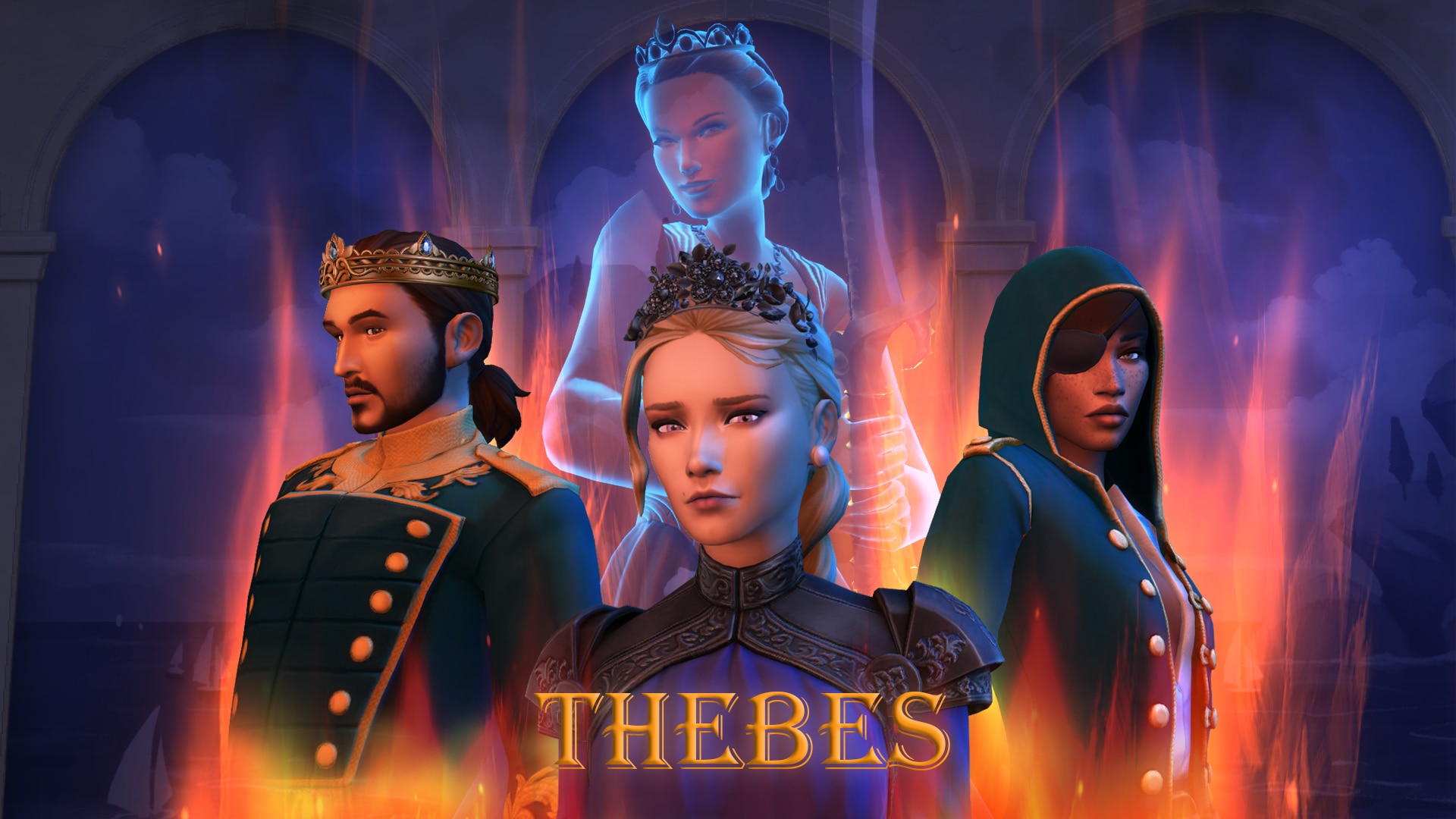 Four Sims in regal attire stand before glowing flames, with a ghostly crowned Sim appearing behind them in a dramatic, royal-themed scene.