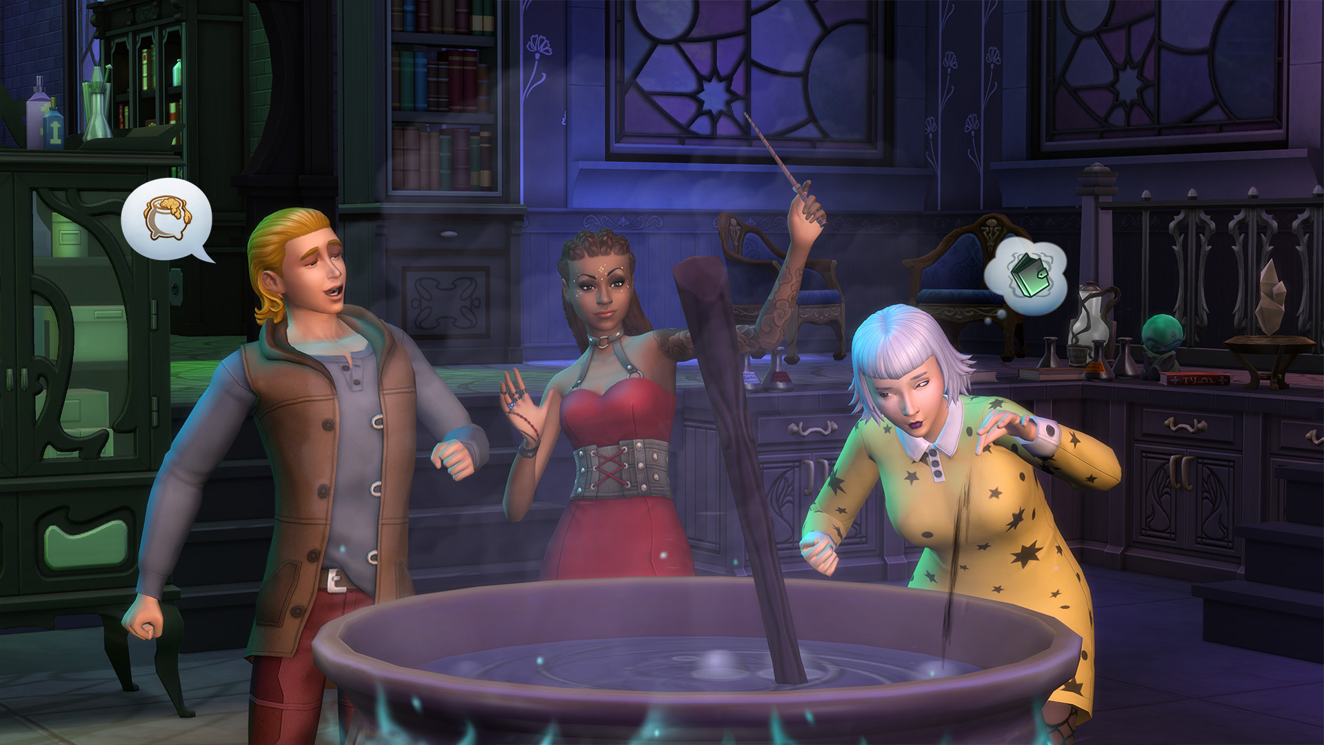 Three characters are gathered around a bubbling cauldron in a mystical, potion-filled room decorated with bookshelves and stained glass windows, suggesting a magical setting associated with The Sims 4 Realm of Magic expansion.