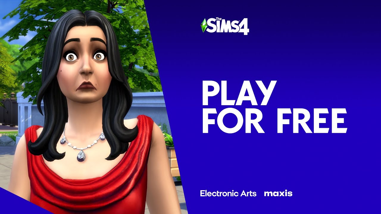 Text that says Play for Free on the left and a surprised Sim on the left.