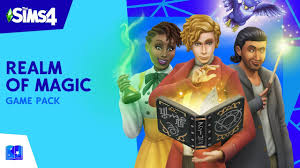 Three Sims hold magically glowing items: a potion, spell book, and wand. A purple owl flies above.