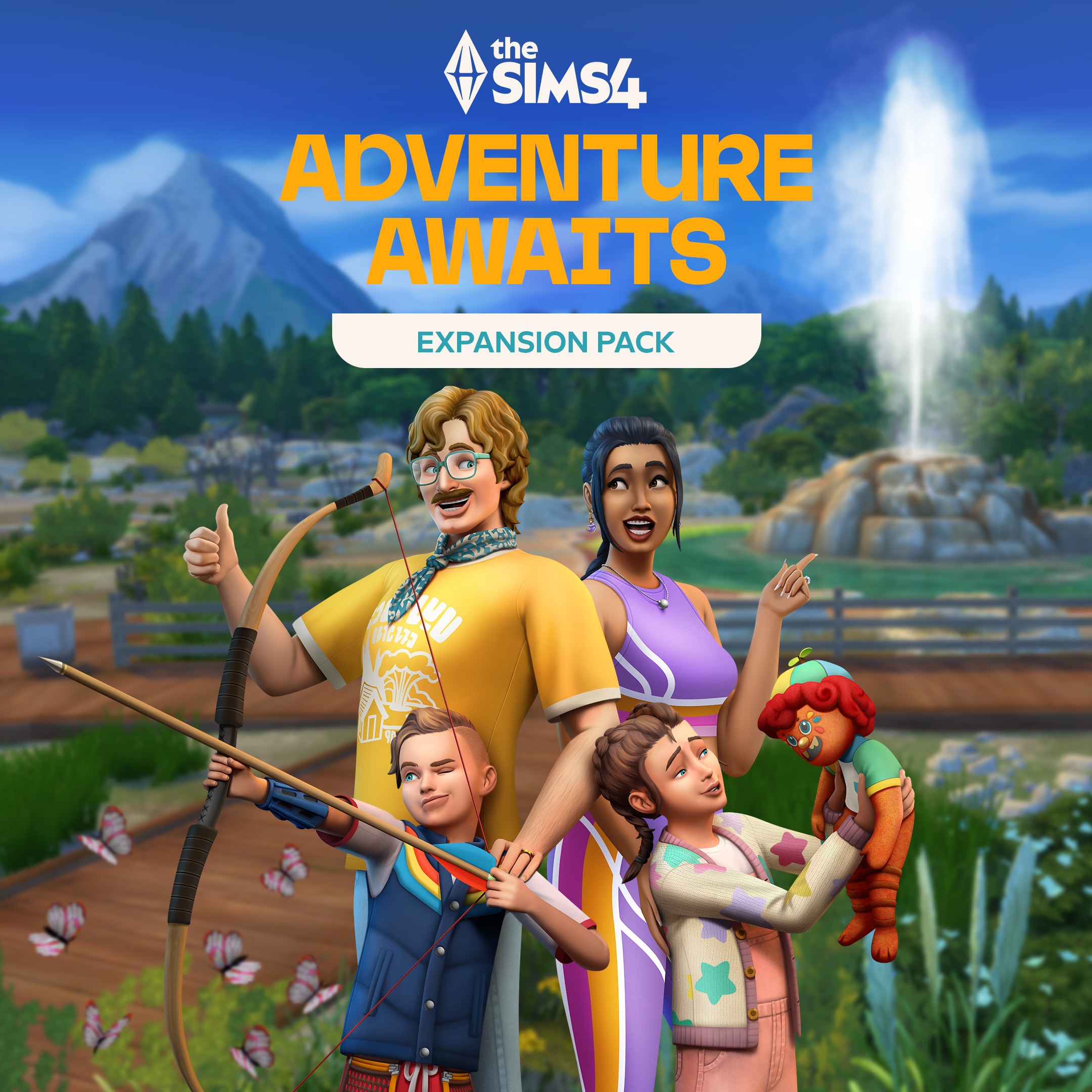 A family of Sims enjoys the outdoors in The Sims 4 Adventure Awaits Expansion Pack, fishing, archery, and spending time together.
