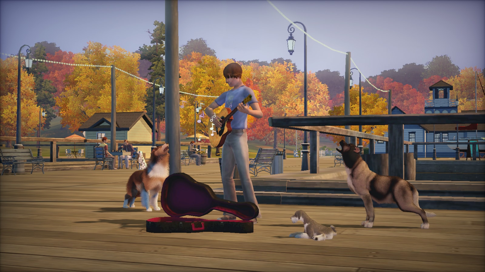 A Sim plays guitar on a pier while three dogs listen.