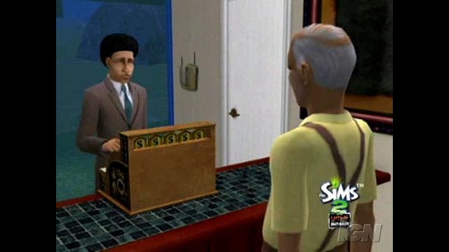 The Sims 2 Open for Business Sim using a shop register