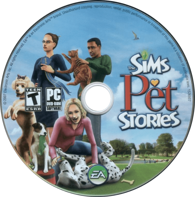 A woman with blonde hair and a pink shirt is sitting on the grass, surrounded by Dalmatian puppies, with a man in a green shirt holding an orange cat behind her, and two other women with dogs in the background along with a park setting.