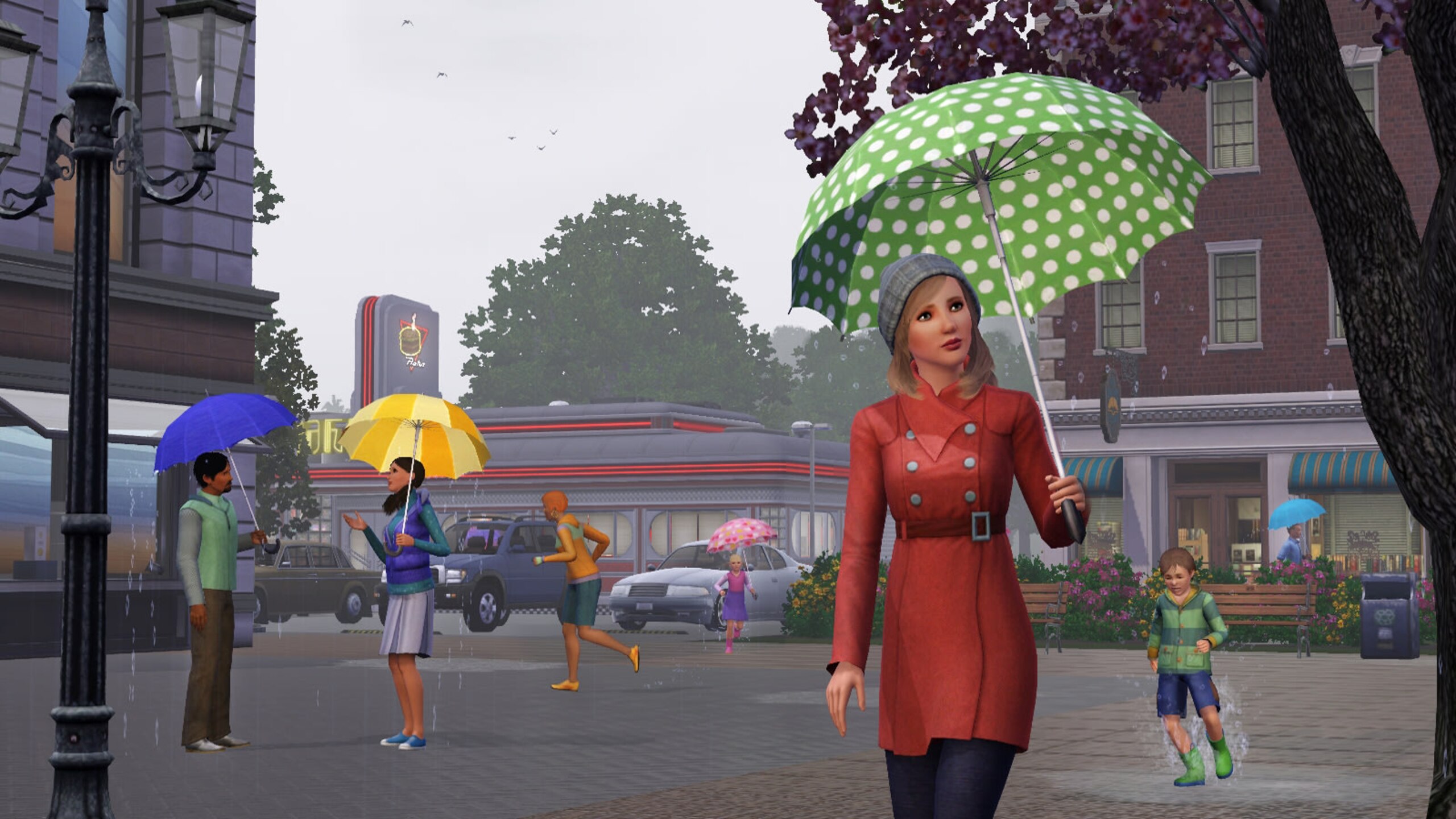 The Sims 3 Seasons official screenshot of Sims using umbrellas in rain