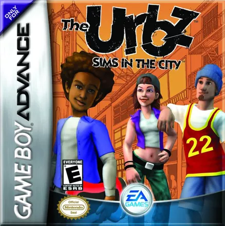 Three animated characters with distinct fashion styles stand in front of an orange cityscape backdrop, advertising the game "The Urbz: Sims in the City" for the Game Boy Advance.