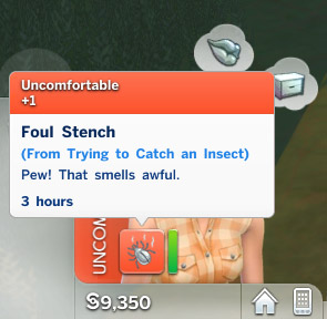 A Sim reacting to insects in Granite Falls.