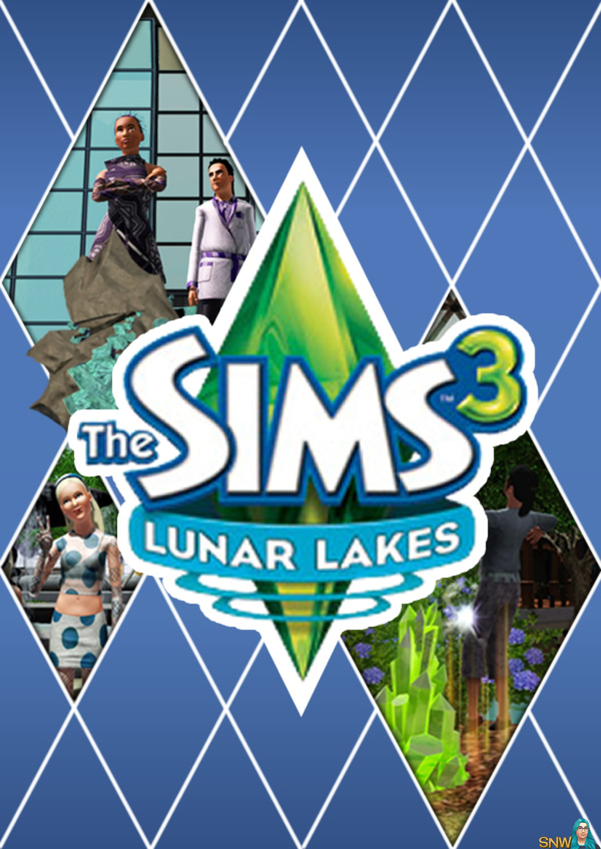 A colorful collage features characters from The Sims 3 Lunar Lakes, including a woman in a dress, a man in a white suit, and a woman in a polka dot outfit, with prominent lunar and space-themed graphics in the background.