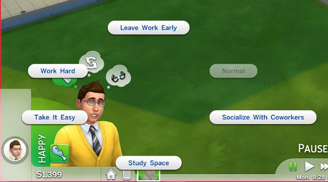 The Sims 4 work interaction options while a Sim is at work.