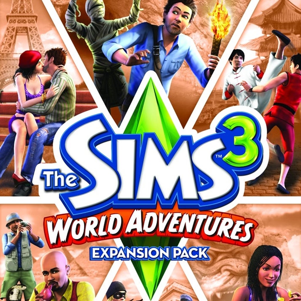 Multiple characters are depicted exploring exotic locations, fighting off mummies, exchanging romantic gestures, and holding torches, suggesting adventurous gameplay across multiple travel destinations in The Sims 3: World Adventures exp...