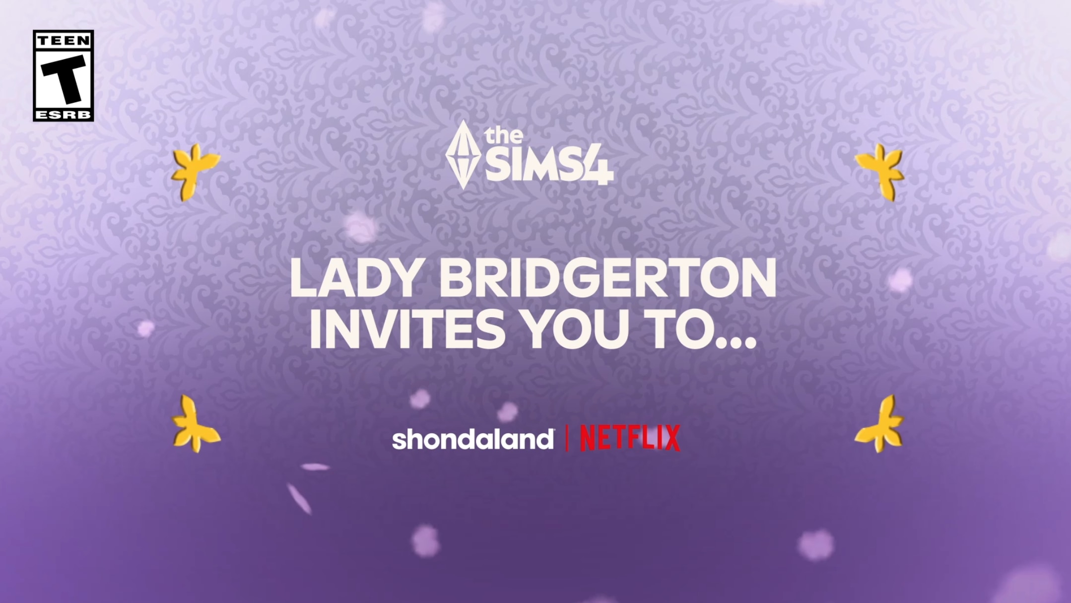 A cover asset for a trailer that says 'the Sims 4 Lady Bridgerton invites you to' on a purple background with ornate designs on it.