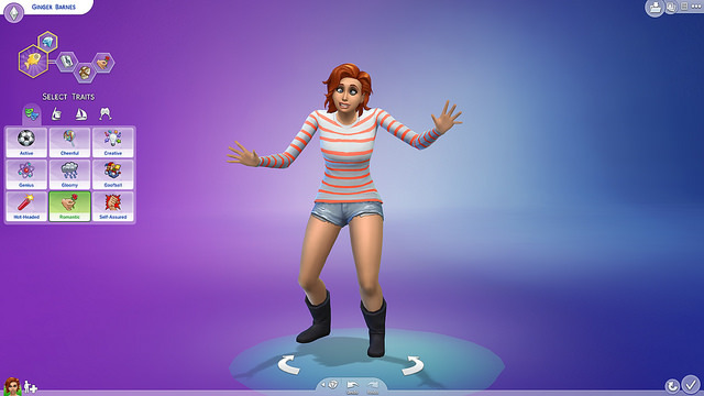 A female character from The Sims 4, named Ginger Barnes, is standing with her arms outstretched in the Create A Sim mode, displaying her tra