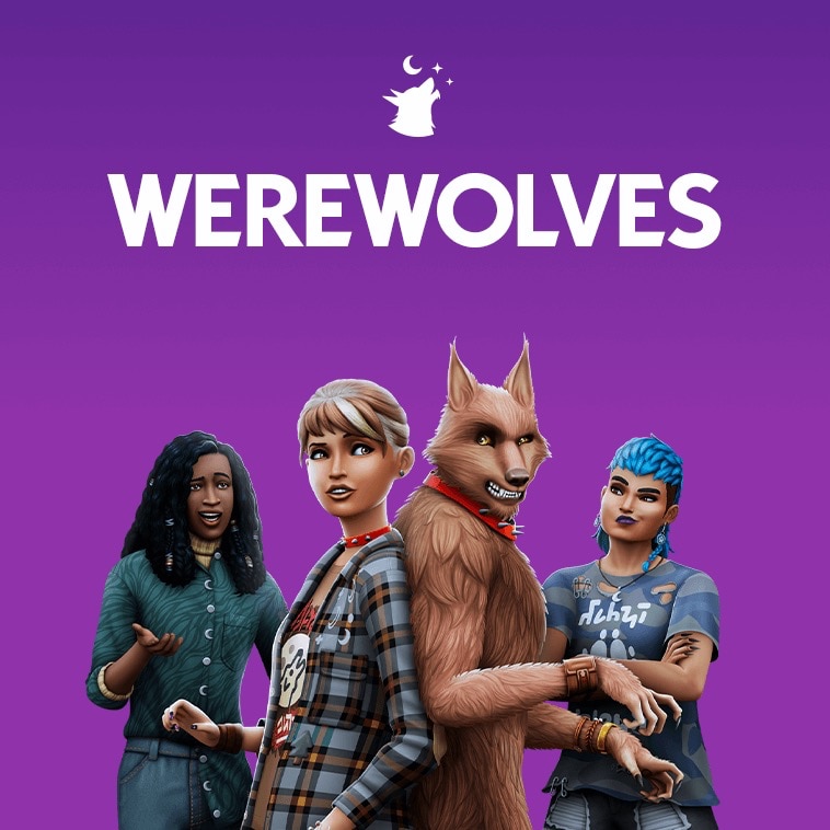 Text that says Werewolves over a Sim in a choker back-to-back with a werewolf in the same choker.