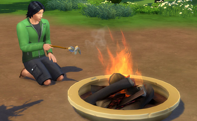 A Sim cooking insects at a campfire in Granite Falls.