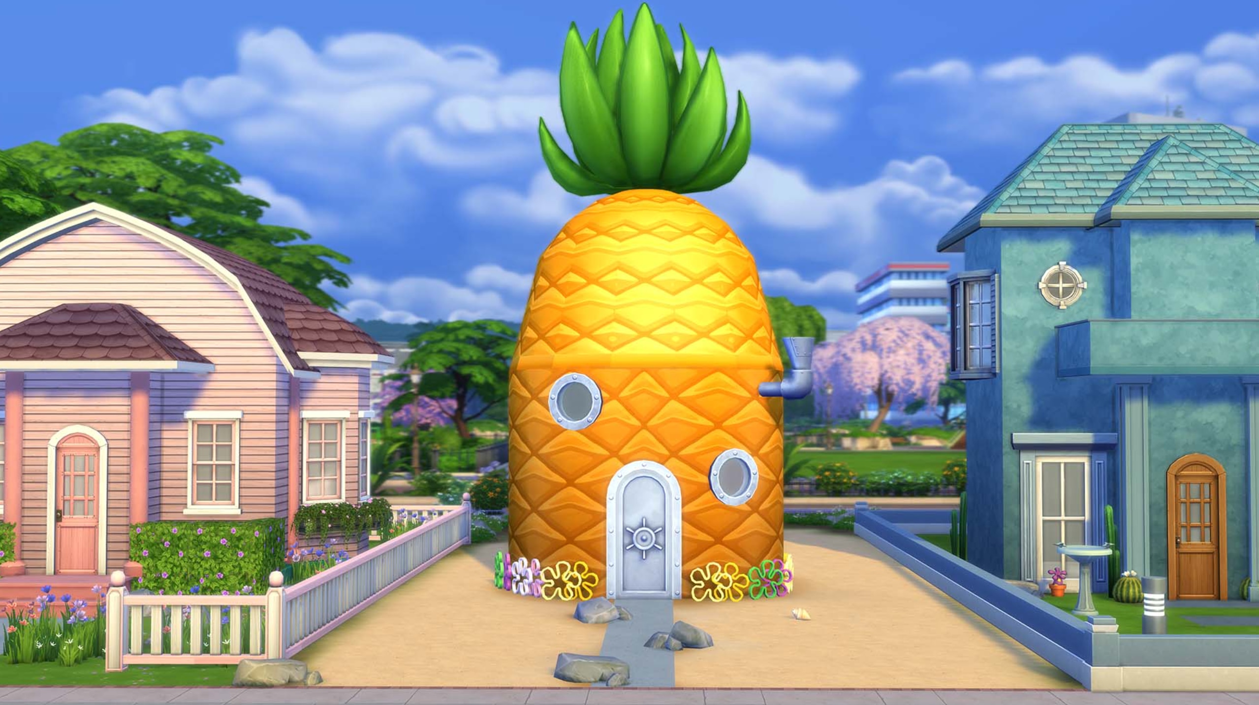 In-game screenshot of Patrick's, Squidward's and SpongeBob's houses.