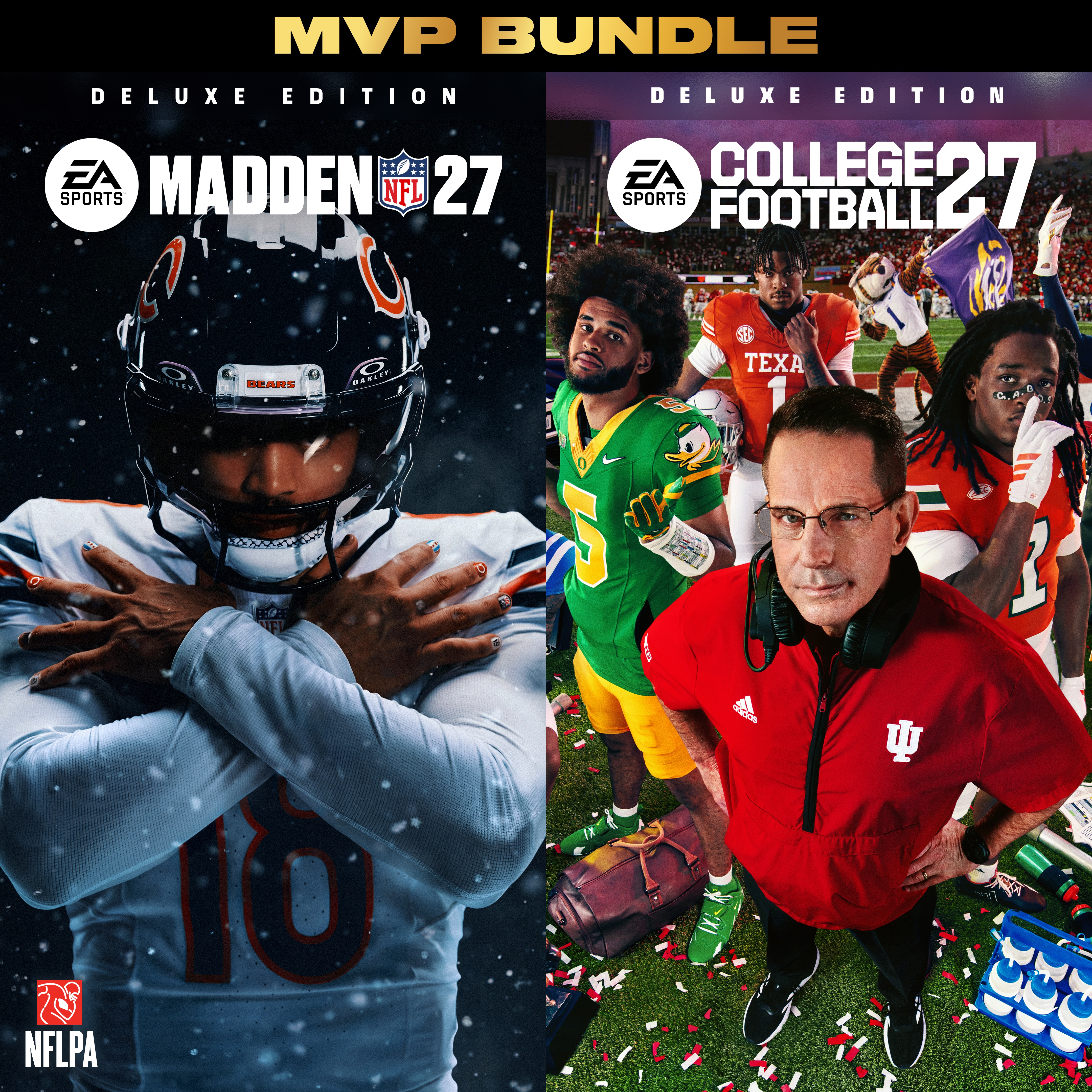 Promotional banner for the MVP Bundle featuring Madden NFL 27 Deluxe Edition with Caleb Williams from the Chicago Bears on the left, and College Football 27 Deluxe Edition with a coach and multiple college players and mascots on the right.