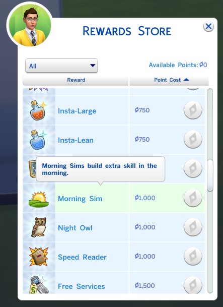 The Sims 4 rewards store with aspiration rewards.