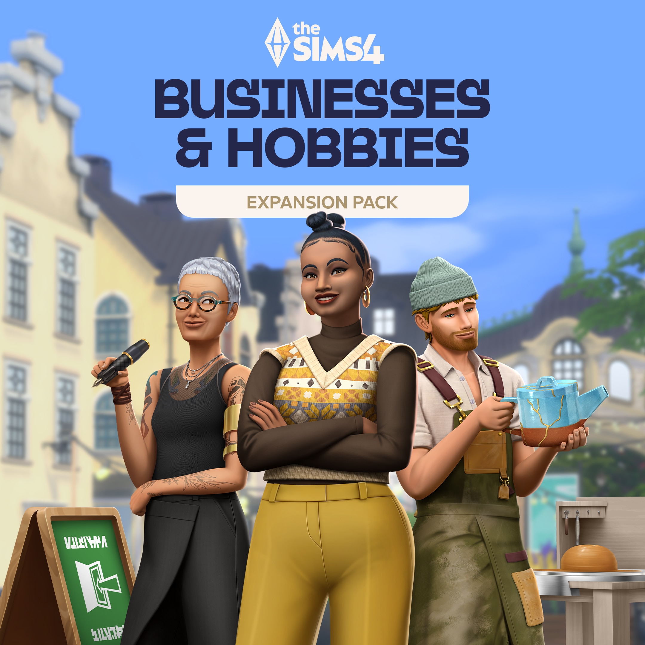 Text says Business and Hobbies on the left. 3 Sims stand on the right. 1 with a tattoo gun, 1 crosses her arms, and another holds up a tea kettle