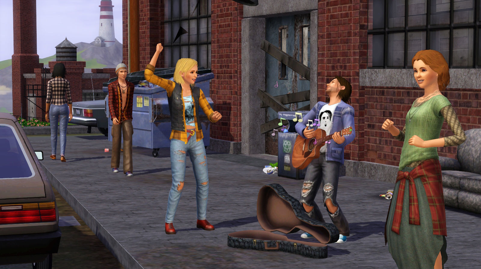 Sims are gathered on a grungy city sidewalk with a boarded up building behind. A musician plays guitar with an open case nearby. Others are dancing and cheering.