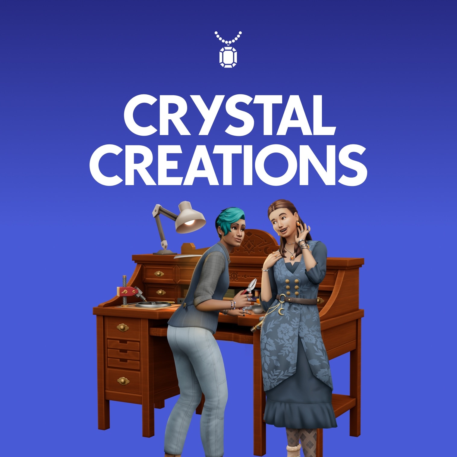 Text that says Crystal Creations over two Sims standing by a jewelry crafts table.