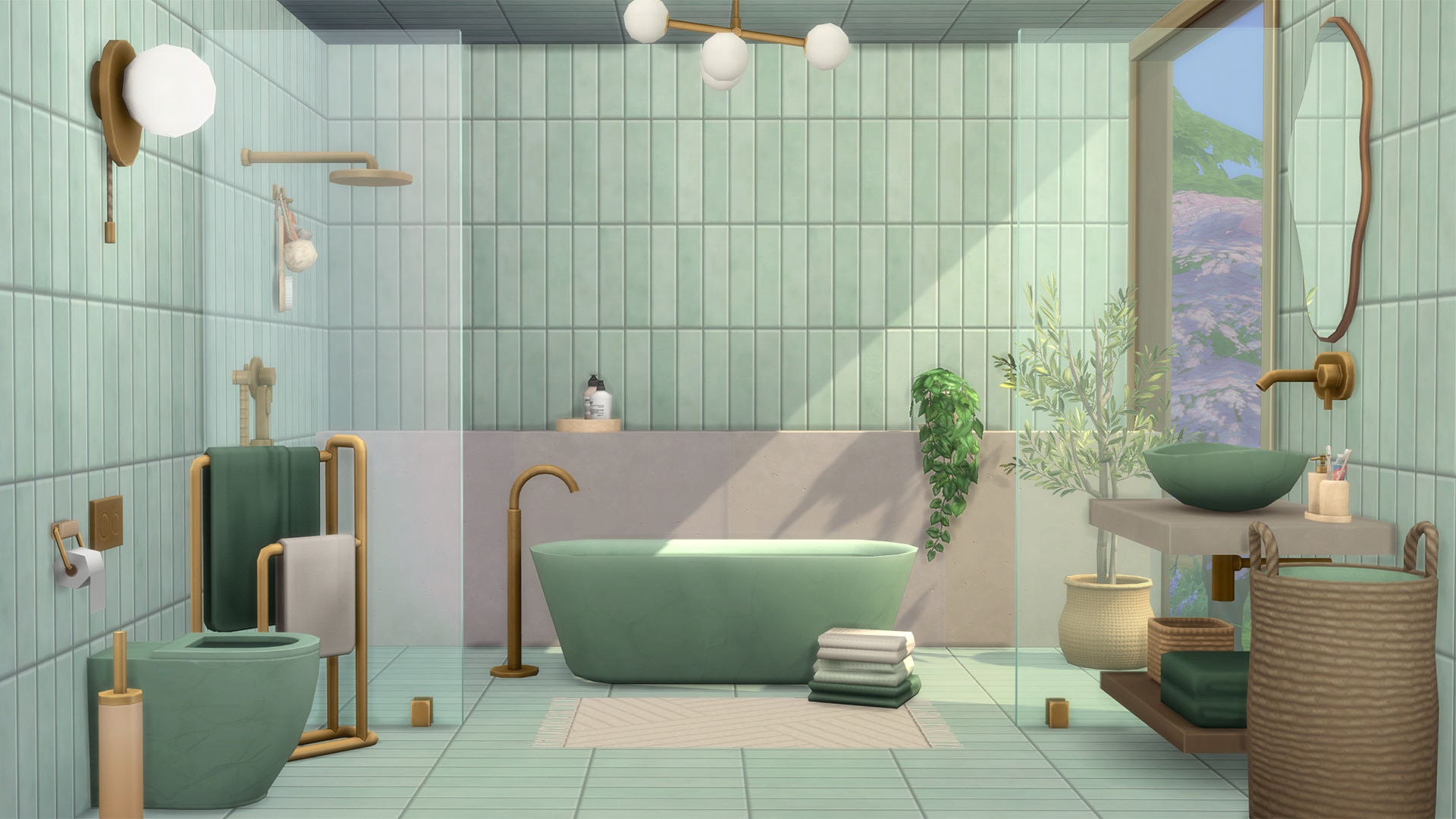 Modern bathroom with mint green tiles, freestanding tub, round mirror, brass fixtures, potted plant, and sunlight through a large window.