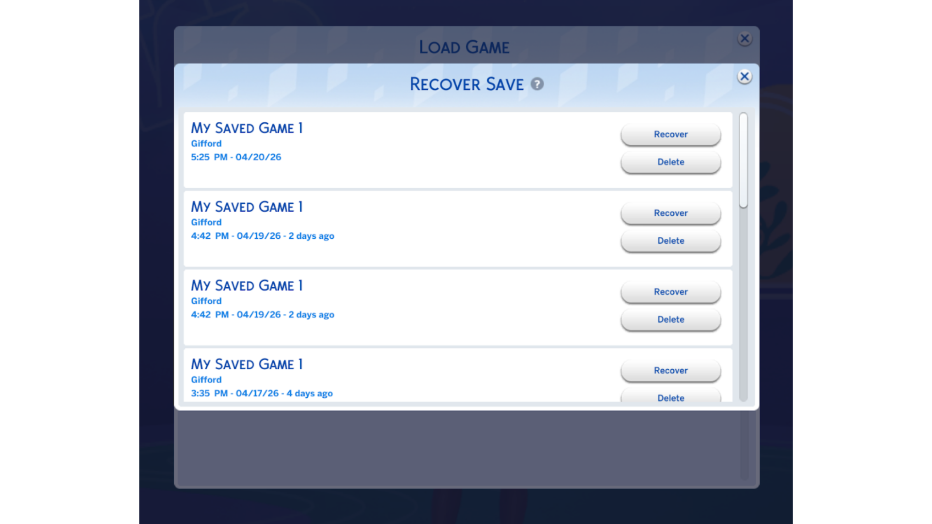 A screenshot of the Backup Save Version User Interface, showing a series of days old backup saves that have been labeled to indicate how old