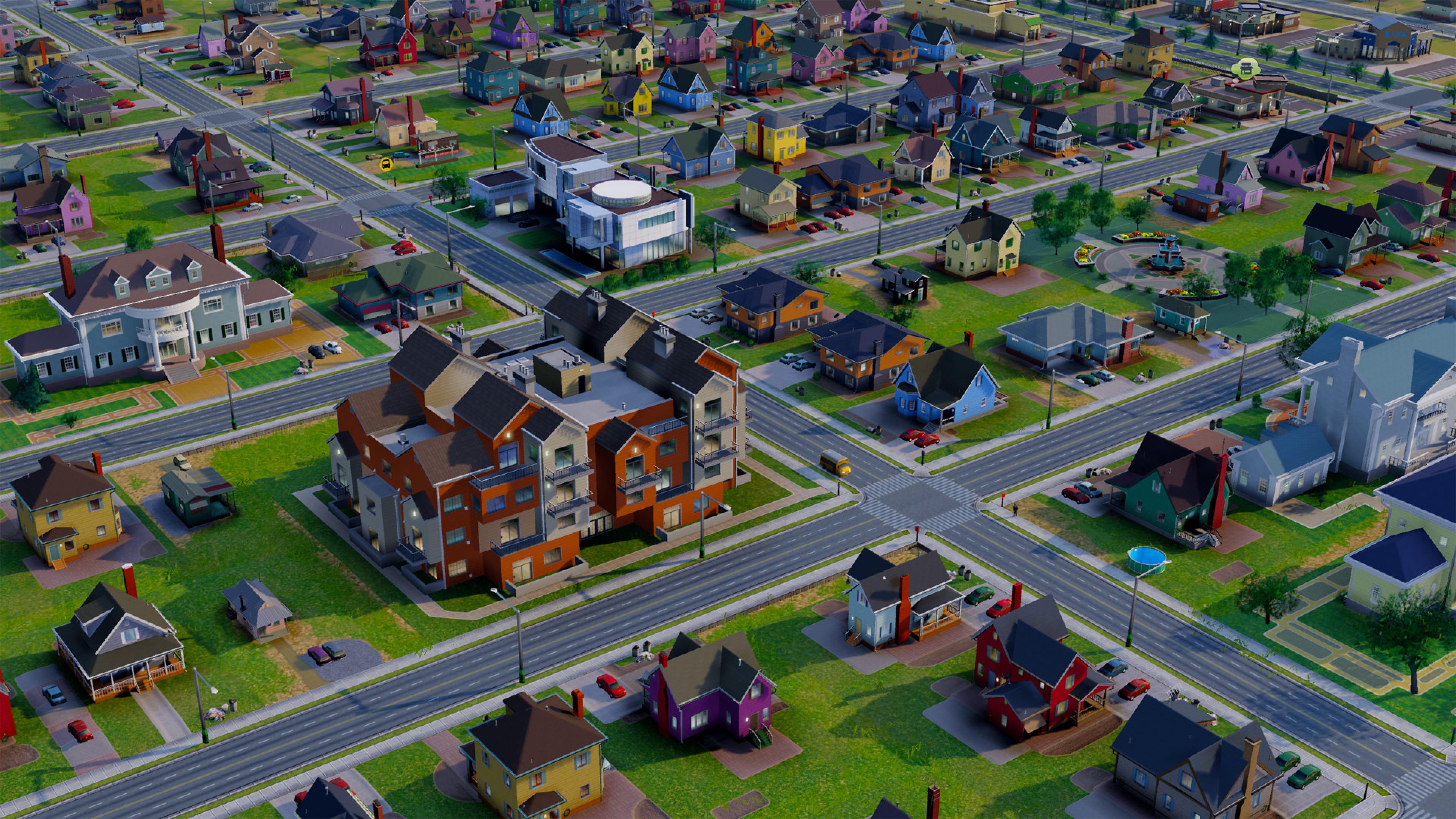A colorful SimCity residential neighborhood with roads, homes, and public buildings.