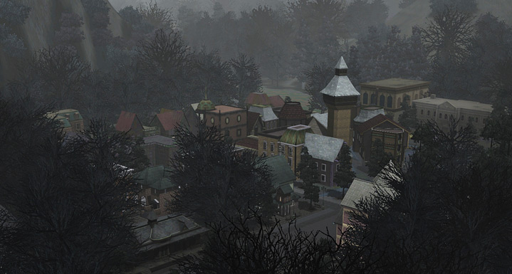 A dark, foggy town with Gothic-style buildings, including a prominent clock tower, surrounded by leafless trees and dense forest in a spooky atmosphere.