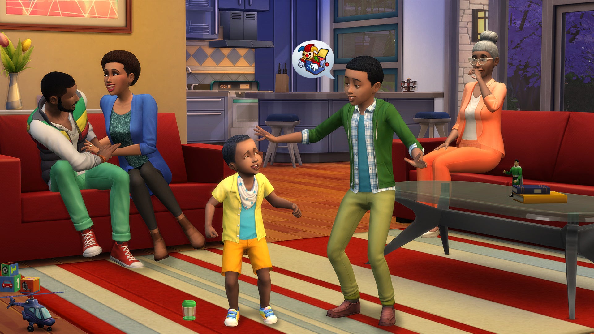 A family of Sims, ranging in age from toddler to elder, occupy a living room in The Sims 4.