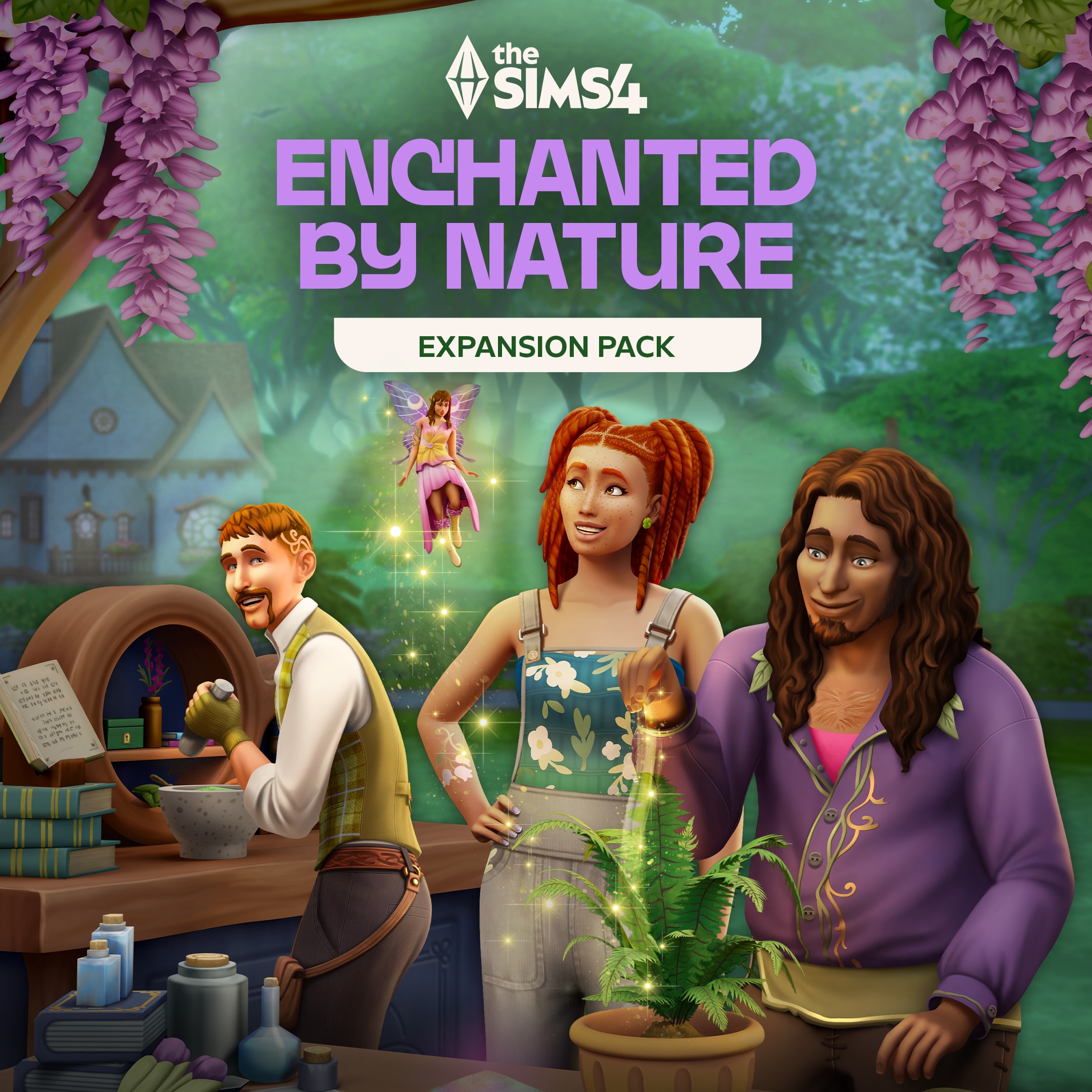 Three Sims explore magic in a forest workshop, guided by a glowing fairy. “Enchanted by Nature Expansion Pack” text appears on screen.