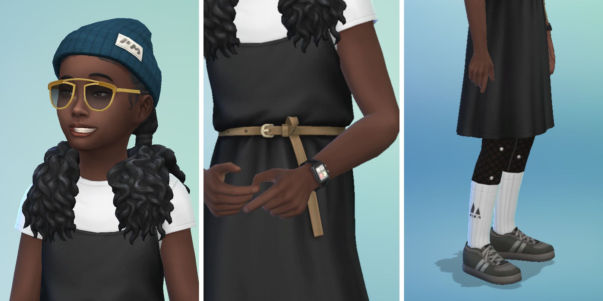 Three images of a child Sim from The Sims 4 wearing accessories. The first image shows a hat and sunglasses, the second a watch, the third tights and socks