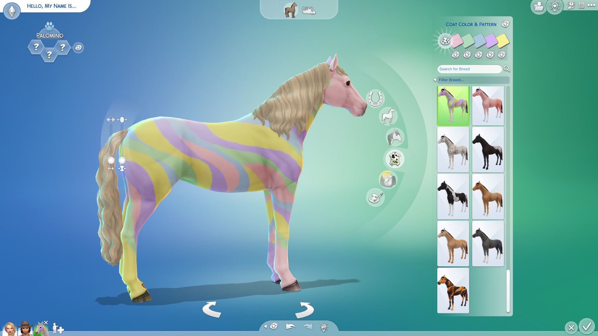 Sims 4 Horse Ranch CAS showing a horse with pastel rainbow coloring.