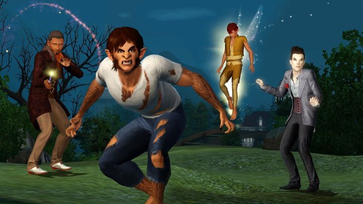 Four characters with supernatural or fantasy traits are depicted engaging in dynamic and mischievous actions in an outdoor setting during night, with some using glowing or magical powers.