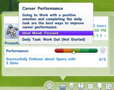 The Sims 4 career panel highlighting ideal mood and performance.