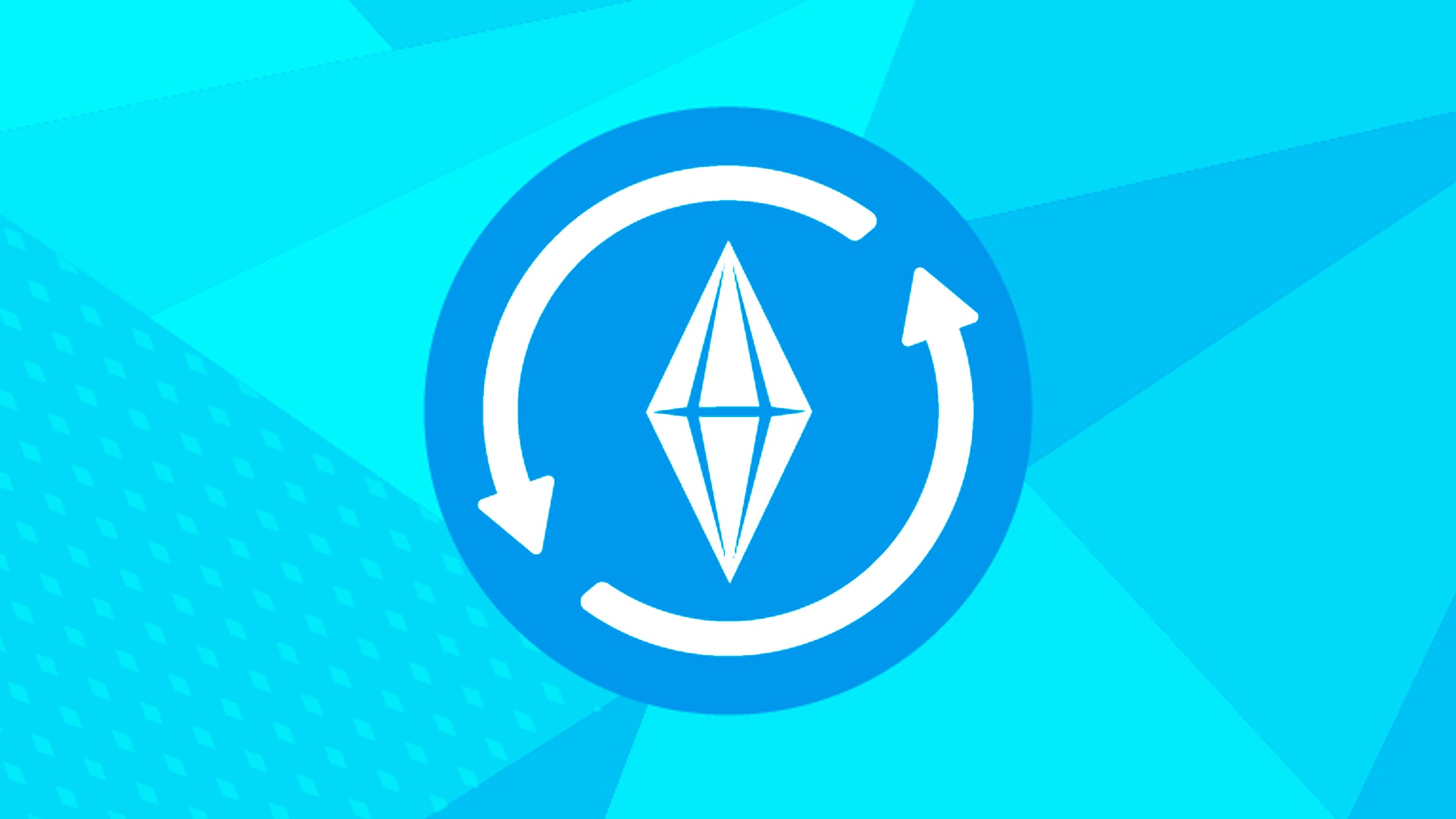 A blue diamond, called a plumbob in The Sims games, surrounded by curved arrows.