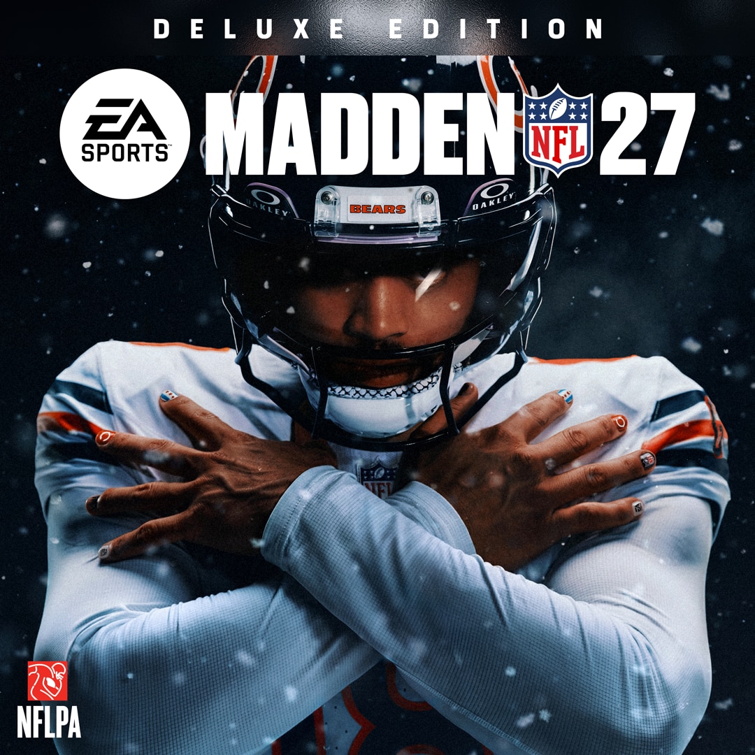 EA Sports Madden NFL 27 Deluxe Edition cover art featuring Caleb Williams from the Chicago Bears player crossing his arms in falling snow beneath bold game branding.