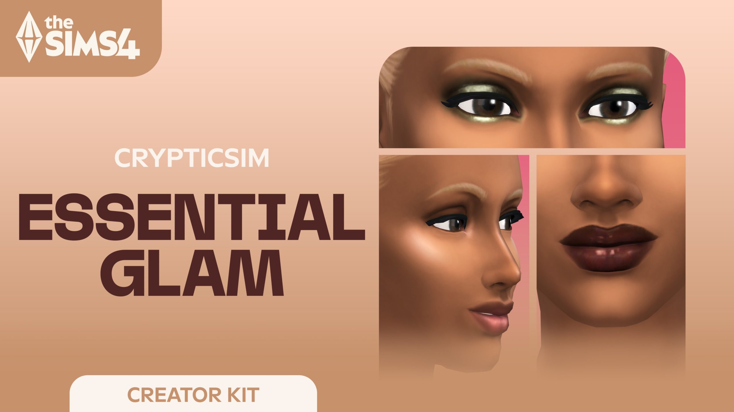 A promotional cover art showcases a female character from The Sims 4 with various makeup styles, highlighting bold eye makeup and dark lipstick, alongside images of different makeup options included in the Crypticsim Essential Glam Creat...
