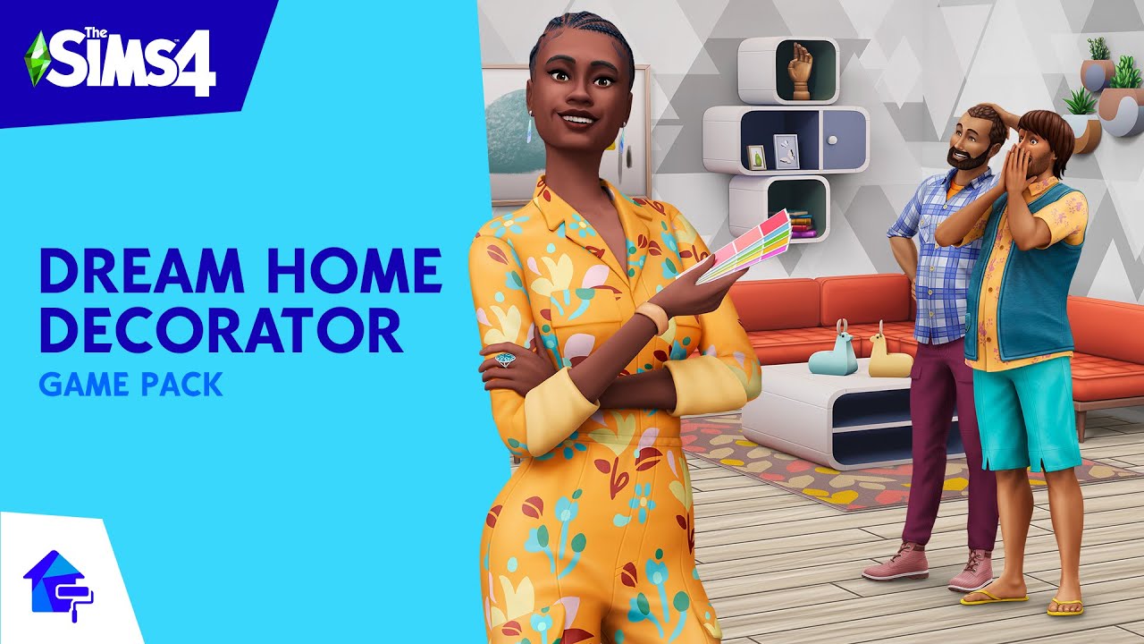 A smiling Sim poses with paint swatches in front of a decorated room and other smiling Sims.