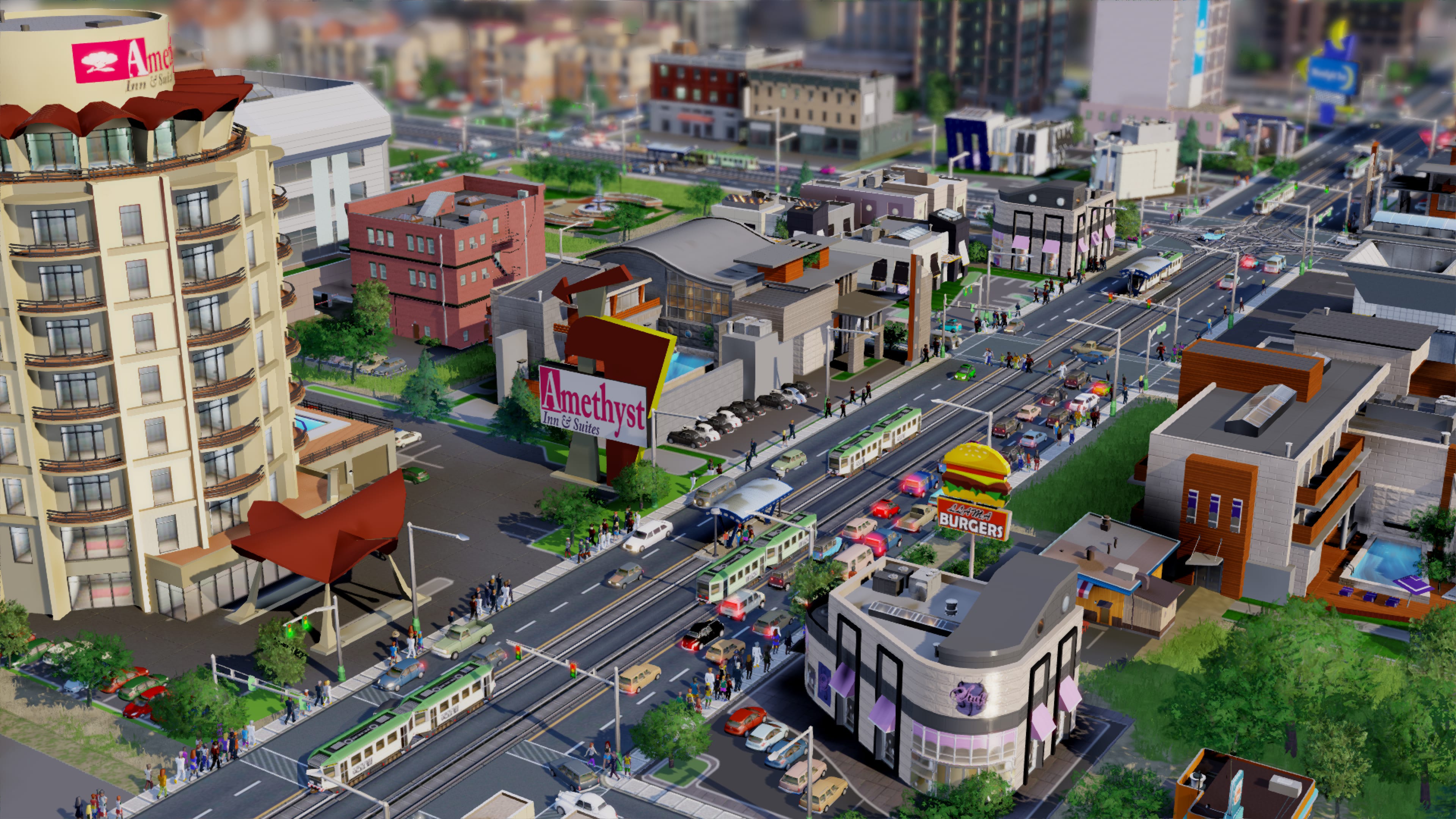 A busy SimCity commercial district with trams, traffic, hotels, and shops.