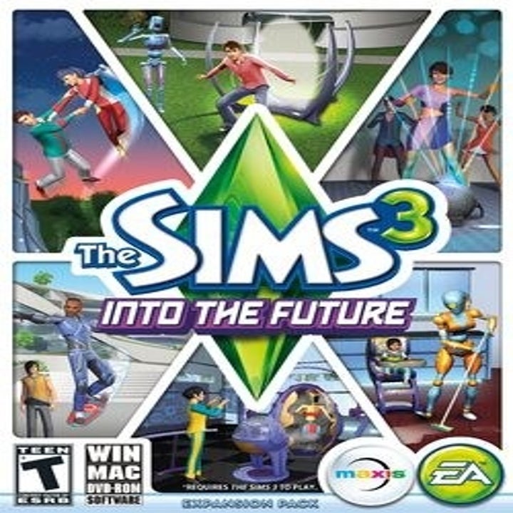 The cover of the Sims 3 into the future expansion pack, which includes scenes of fairies fighting, a man entering a space vortex, a woman dancing over a hologram, and an alien