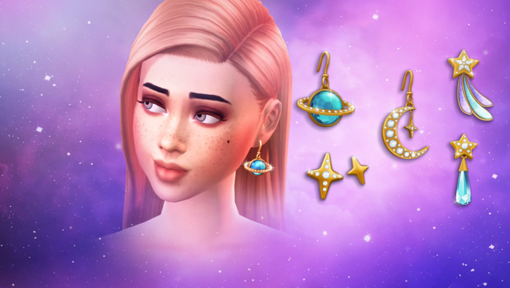 A female character with pink hair wearing earrings inspired by planetary and celestial motifs is surrounded by a collection of star, moon, p