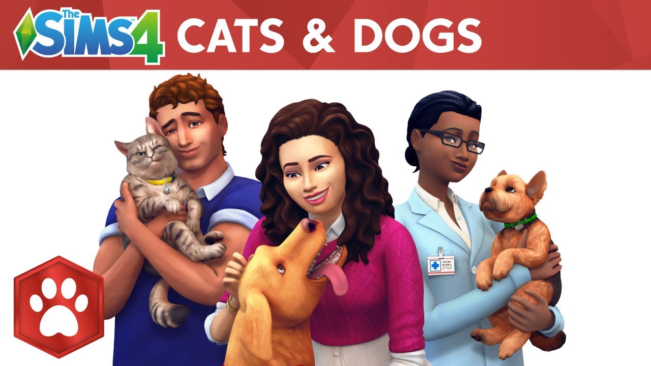 A Sim on the left each holding a cat, a Sim in the middle petting a dog, and a veterinarian Sim on the right holding a small dog.